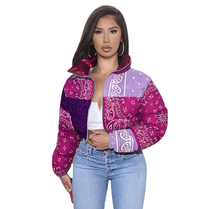 LEVEL G8079 Plus Size Bubble Down Warm Printed Bandana Puff Bandana Paisley Print Coat Jacket For Women