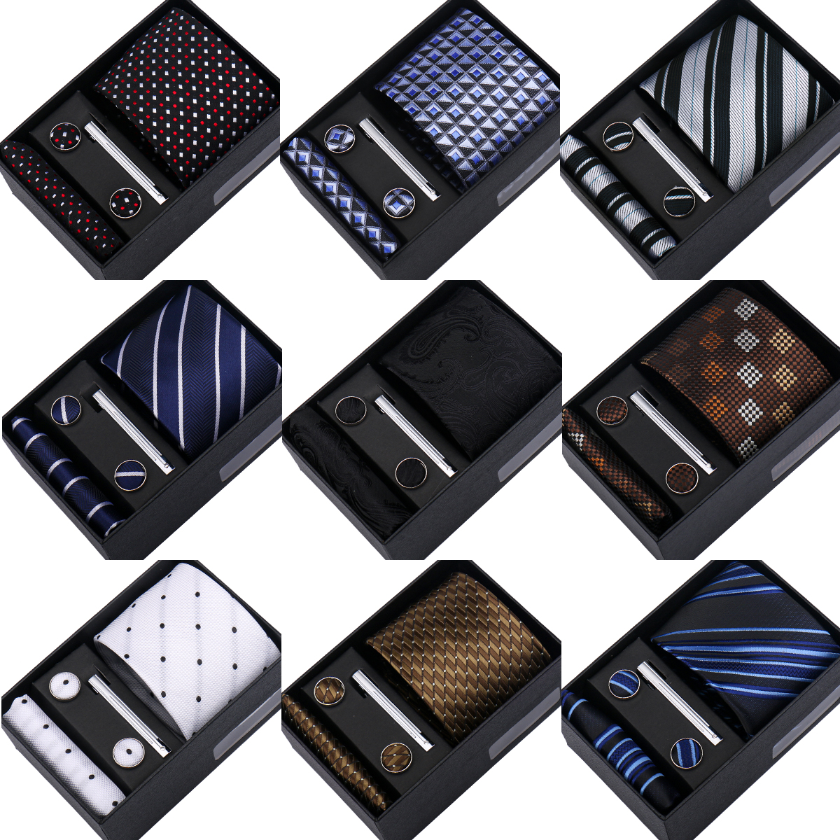 Gift Men Tie Plaid Striped Necktie Handkerchief Cufflinks Set For Man Business Wedding Ties and Tie Clip Hanky Holiday Gift Box