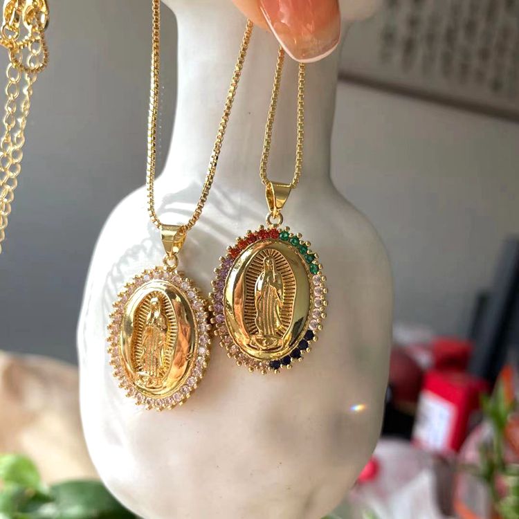 Whoesale Price Jialin jewelry ins 18k gold jewelry religious round cz diamond virgen de guadalupe necklace