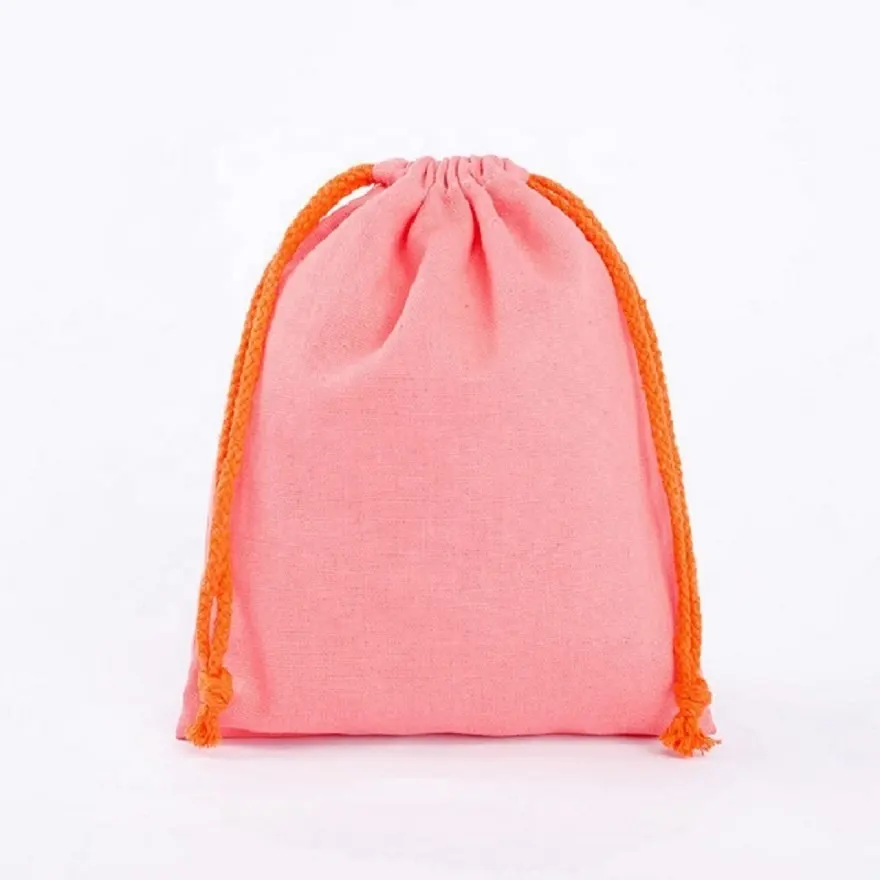 Eco-Friendly Light Pink Linen Flax Fabric Drawstring Bag for Makeup Packaging