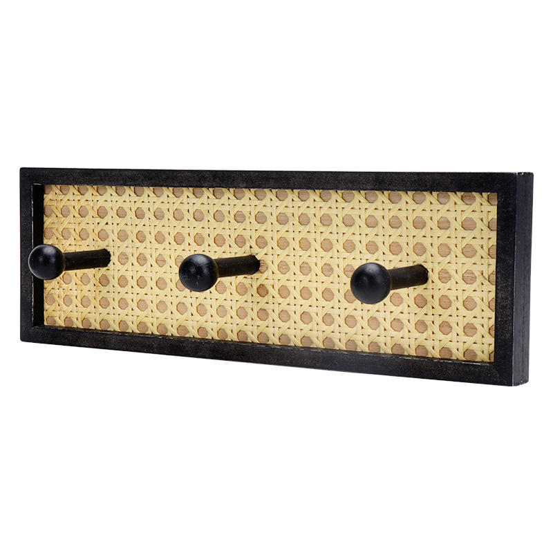 Custom decorative wall hooks living Room Decor black Wall hanging wood Rattan hanger with Triple hook