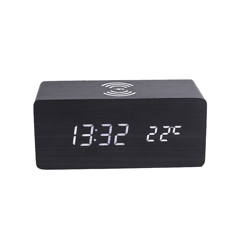 Wireless Charger Mobile Phone Wooden LED Alarm Clock Sound Control Universal