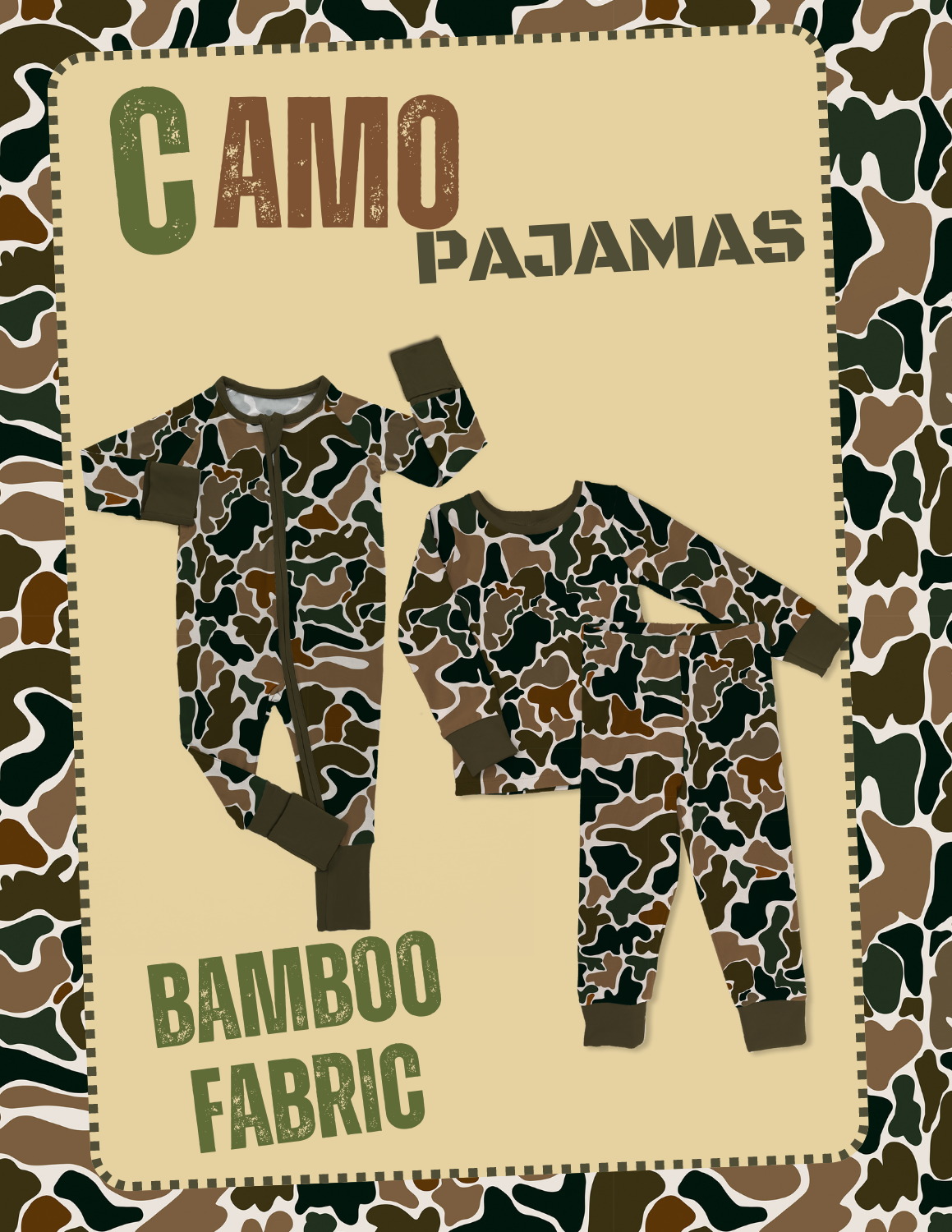Custom Fashion Baby Boys Camo Printed Bamboo Zipper Long Sleeve Bodysuit Kids Long Sleeve Pajamas