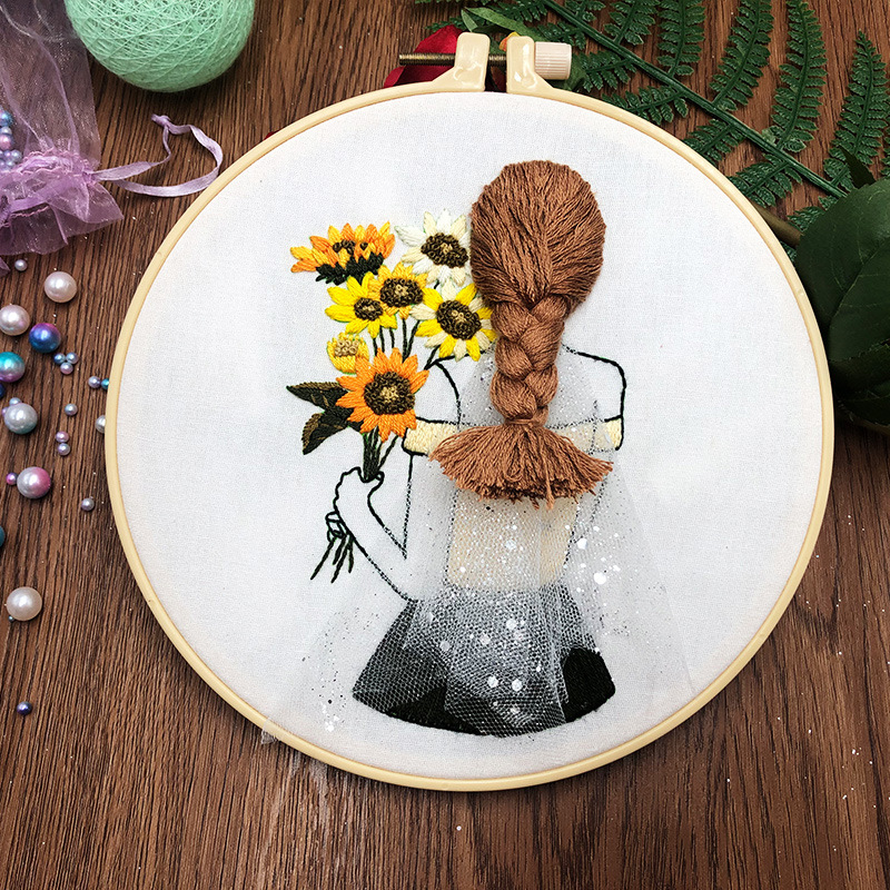 Sunflower Girl Beginners Embroidery Kit for Adults with Hoop, Thread, Needles, Full Kit, DIY Craft for Beginner