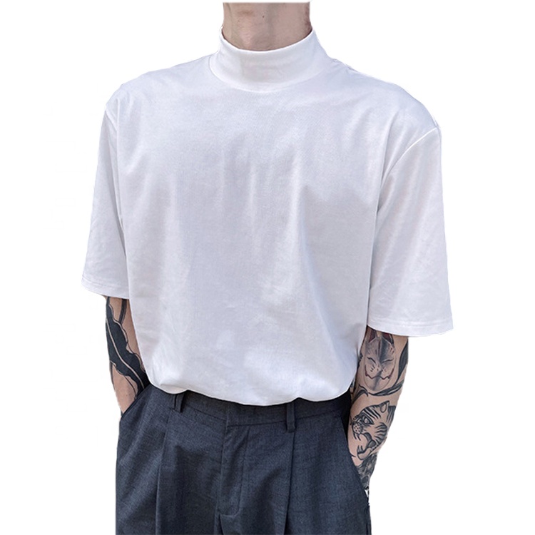 Custom Mercerized Cotton Short-sleeved T-shirt Male ins Hot Selling Slim Fit High Collar Ice Porcelain Cotton Bottoming Shirt