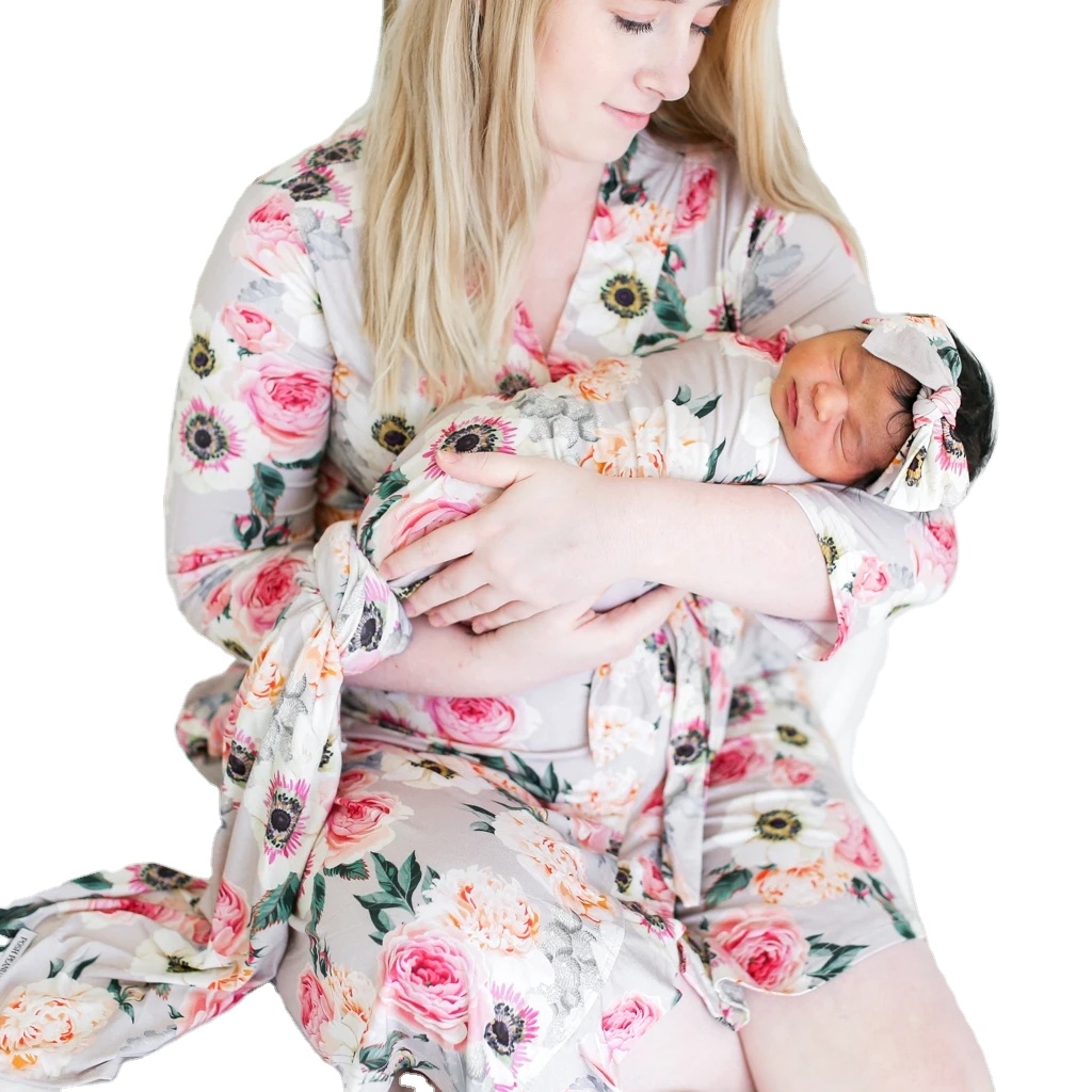 Wholesale Lastest Fashion OEM Cheap Ladies Maternity Sleep Lounge Cotton French Gray Floral Maternity Shoot Robe