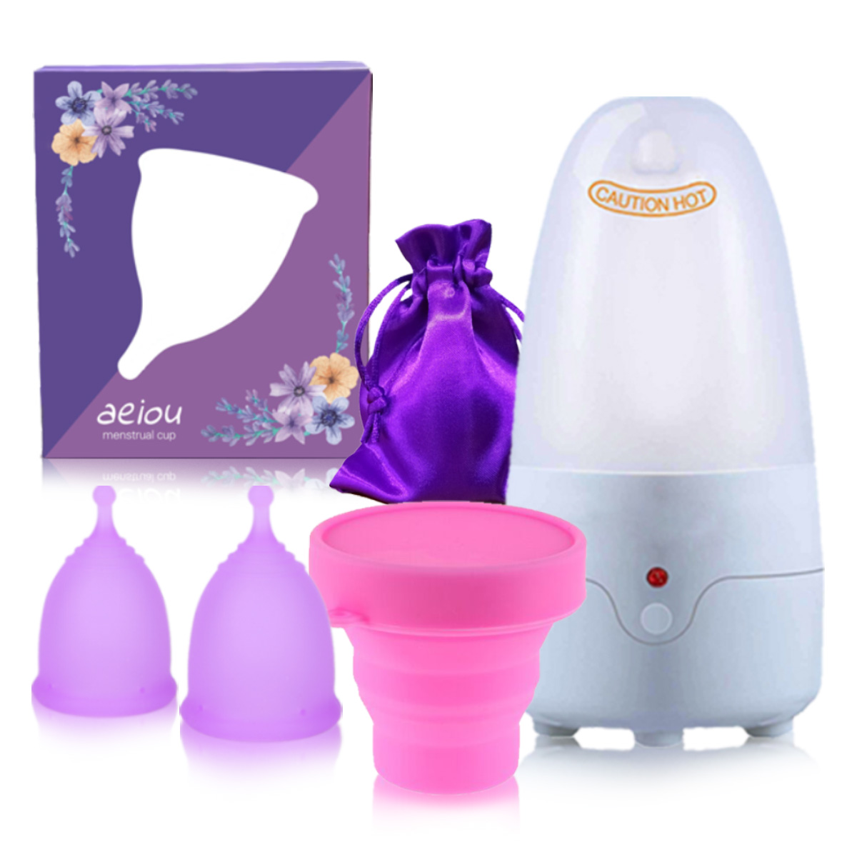 Custom Washable 100% Safe Foldable Reusable Organic Medical Silicon Soft Menstrual Cup Steamer Steriliser Kit