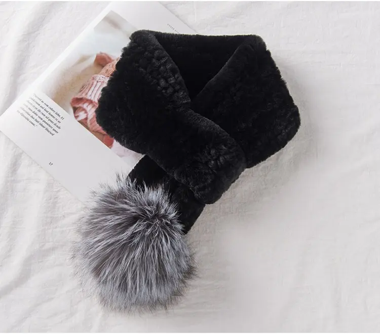 2022 Winter Leisure Single Ball Rex Rabbit Fur Wraps Grey Fox Fur Pompom Bulb Scarf Thick Warm Fur Scarf Women