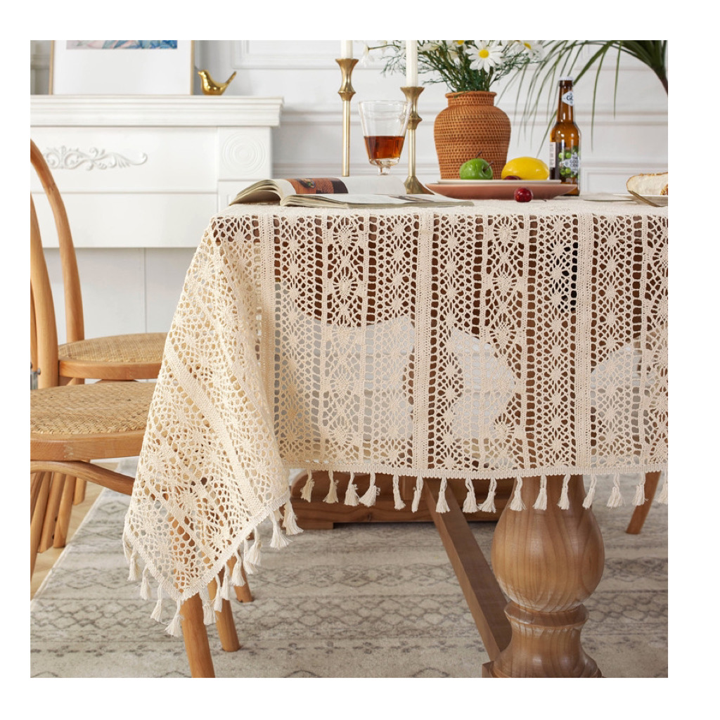 T013 French wide straight edge garden crochet hollowed-out table cloth lace tassel cloth tea table cloth