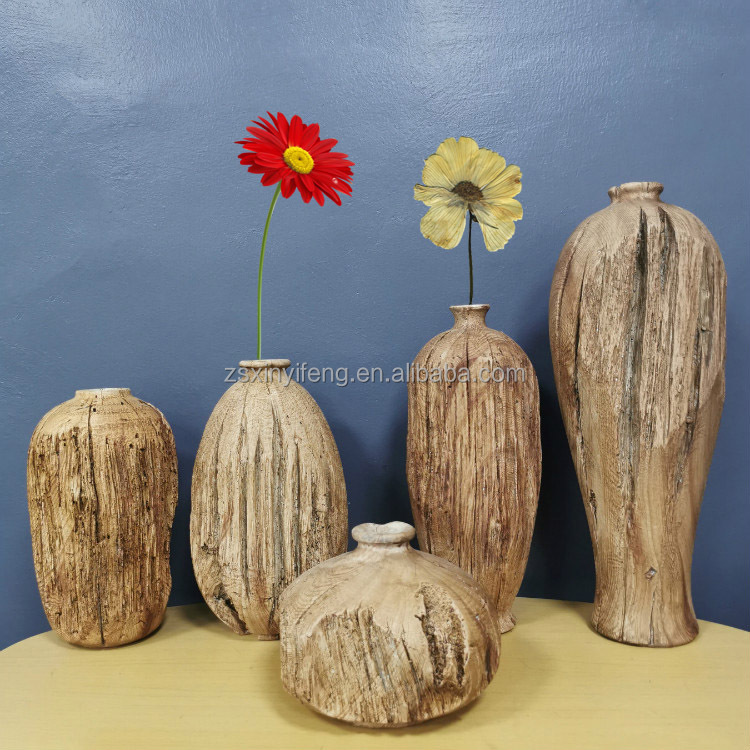 Modern Natural Wood Effect Hand Made Resin Vase Decorative Table Vase Antique Design Wholesales Indoor Home Decoration