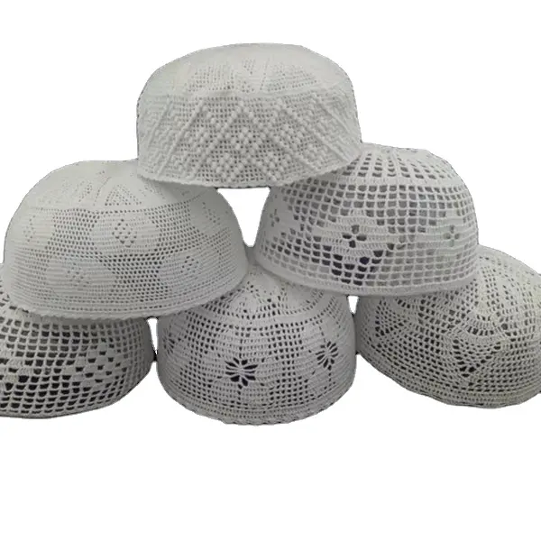 Wholesale China factory supply Prayer hat White Cotton Elastic Handmade Crochet Hat Islamic Kufi Hats for Men