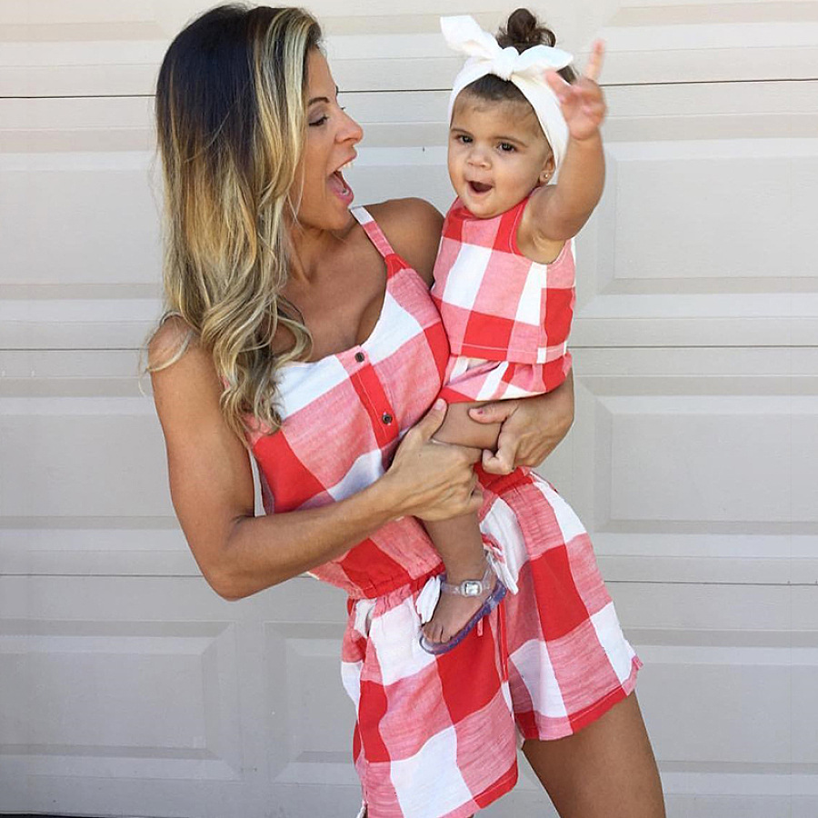 Summer Trendy Mommy And Me Plaid Clothings Mom And Me Outfits Mother And Daughter Matching Outfits