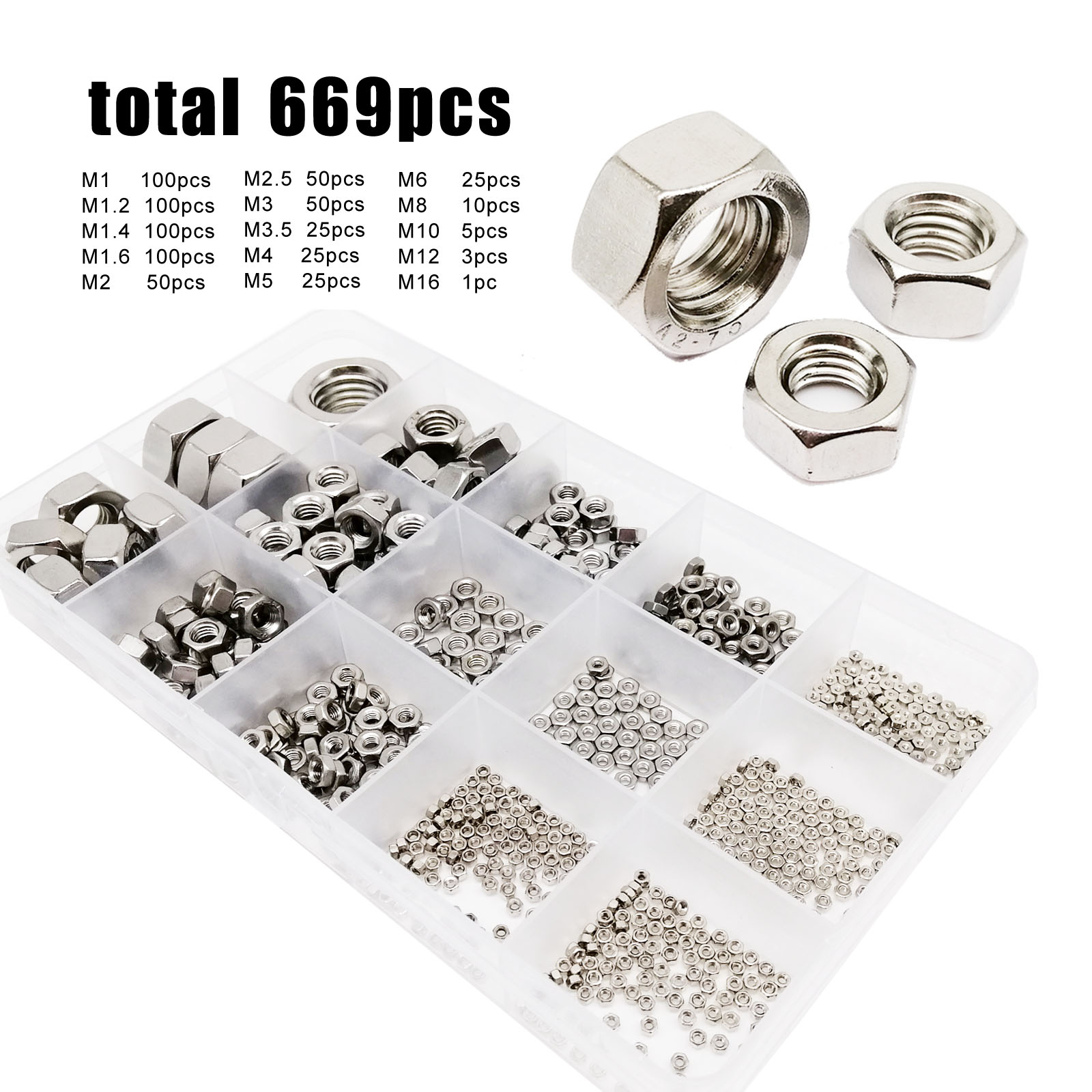 669 шт./кор. M1 M1.2 M1.4 M1.6 M2 M2.5 M3 M4 M5 M6 M8 M10 M12 M16 комплект кабельные наконечники в наборе для DIN934 304 A2 с шестигранной головкой из нержавеющей стали Шестигранная гайка