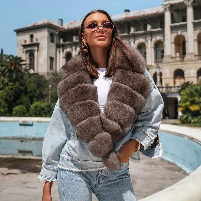 Hot Sale Custom Fox Fur Coat Oversized Fashion Denim Fur Jacket Women with Fur Collar