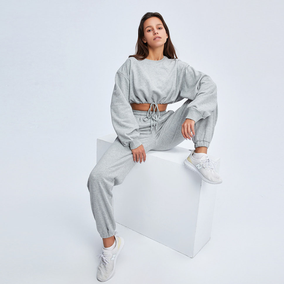 wholesale blank 100% cotton french terry crop sweatshirt women set in stock