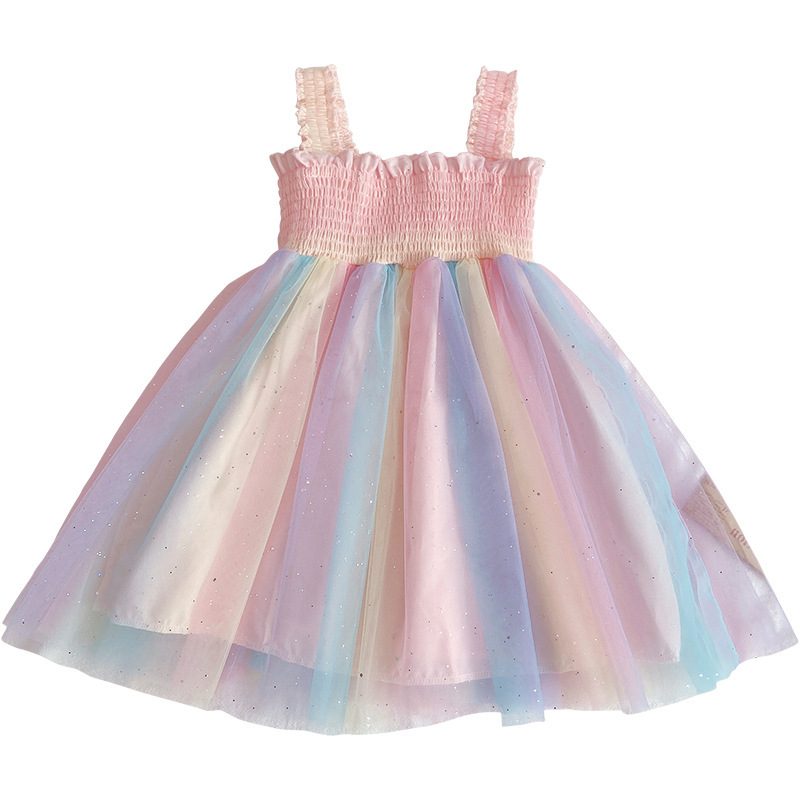 2021 girls' new summer mesh straps rainbow gradient dress children's princess dress