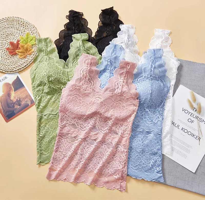 Sexy Women Transparent Hollow Out Lace Removable Padded Bra Top Vest Ladies Long-line Comfortable Wide Straps Lace Tank Tops