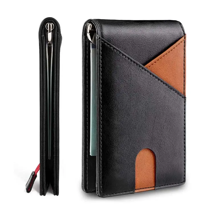 High Quality Customize Smart Pull Strap Design RFID Blocking Billetera Bifold Slim PU Leather Mens Smart Money Clip Wallet