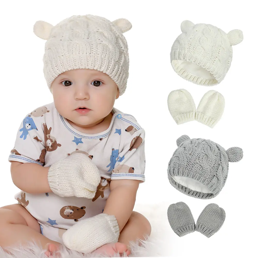 LRT Wholesale Latest Winter Baby Beanies Hats Set Custom High Quality Thick Warm Cat Ear Knitted Newborn Baby Hats Gloves Set