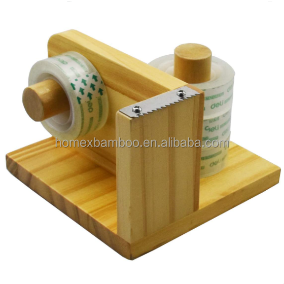 Bamboo Desktop Tape Dispenser for Office Multifunction Tape Dispenser with Tape Holder Attach Non-Slip Mat