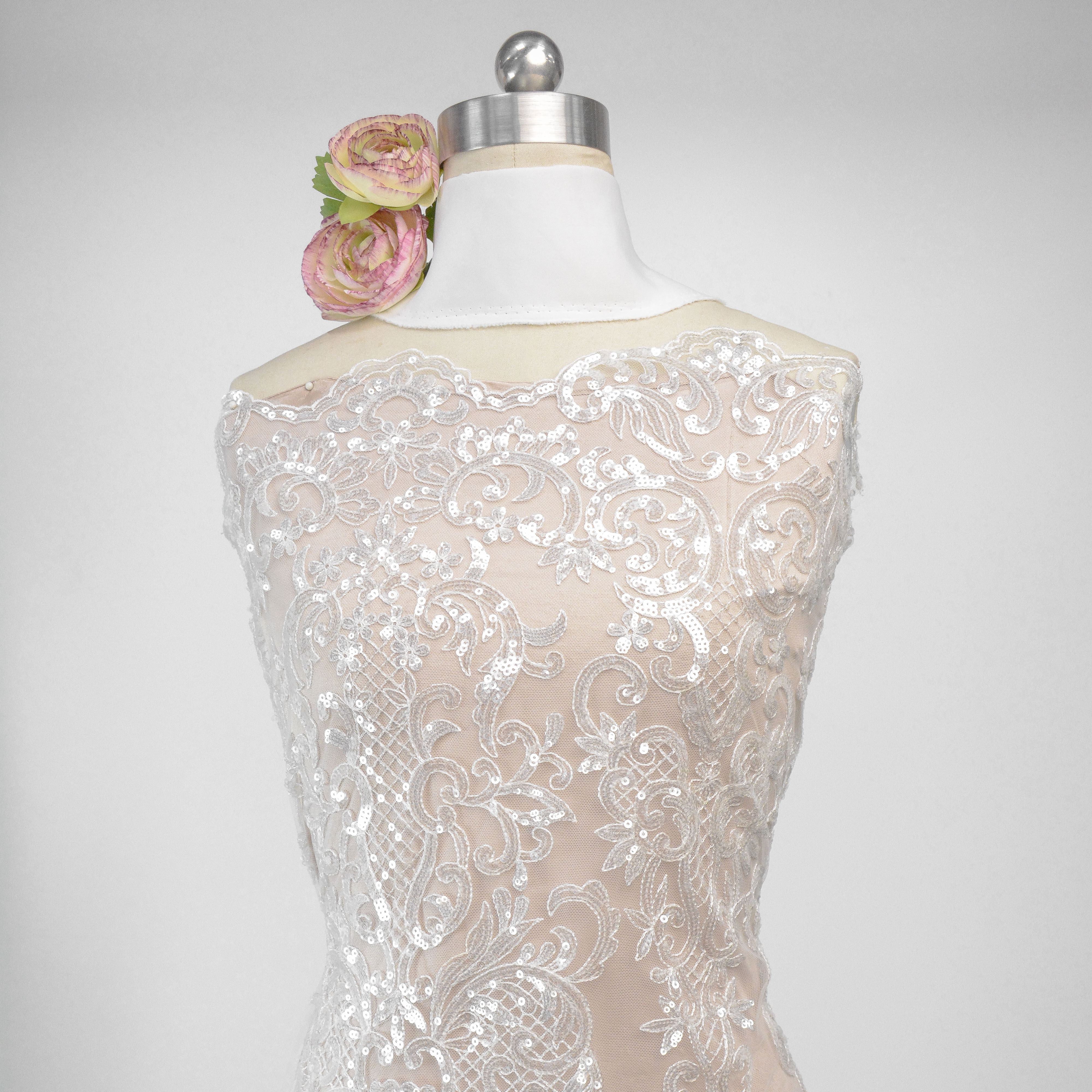 Best selling bridal veil lace applique stretch sequins fabric embroidery white wedding lace fabric
