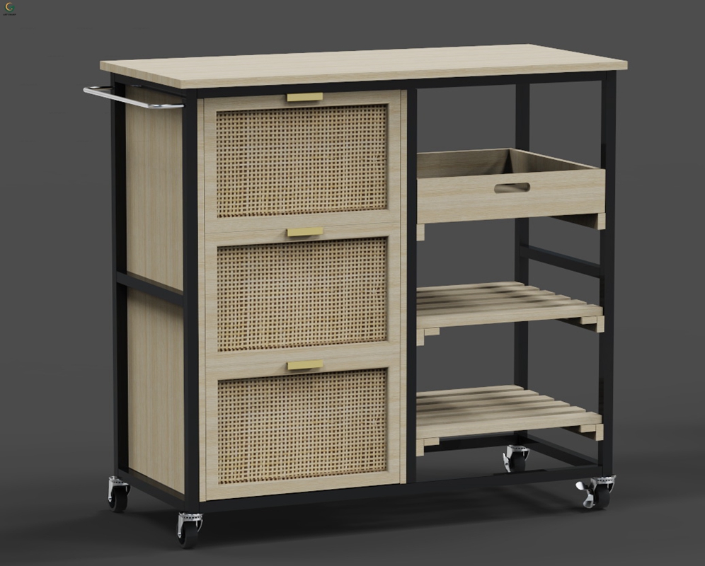 Modern Kitchen Furniture Wood Rattan Trolley Rolling Storage Rack Cabinet Cart With Wheels