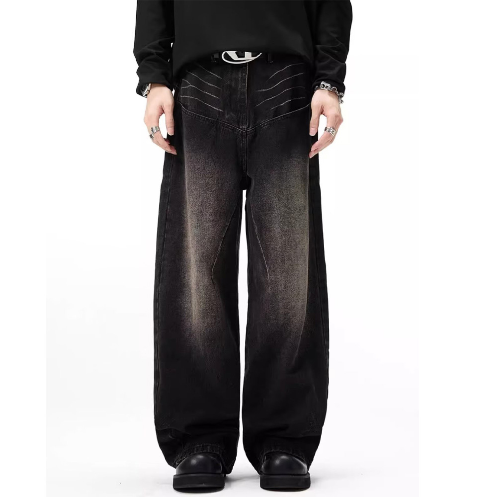 T01 Custom Men Loose Baggy Denim Jean Trousers Faded Black Oversized Skate Fit Denim Jeans