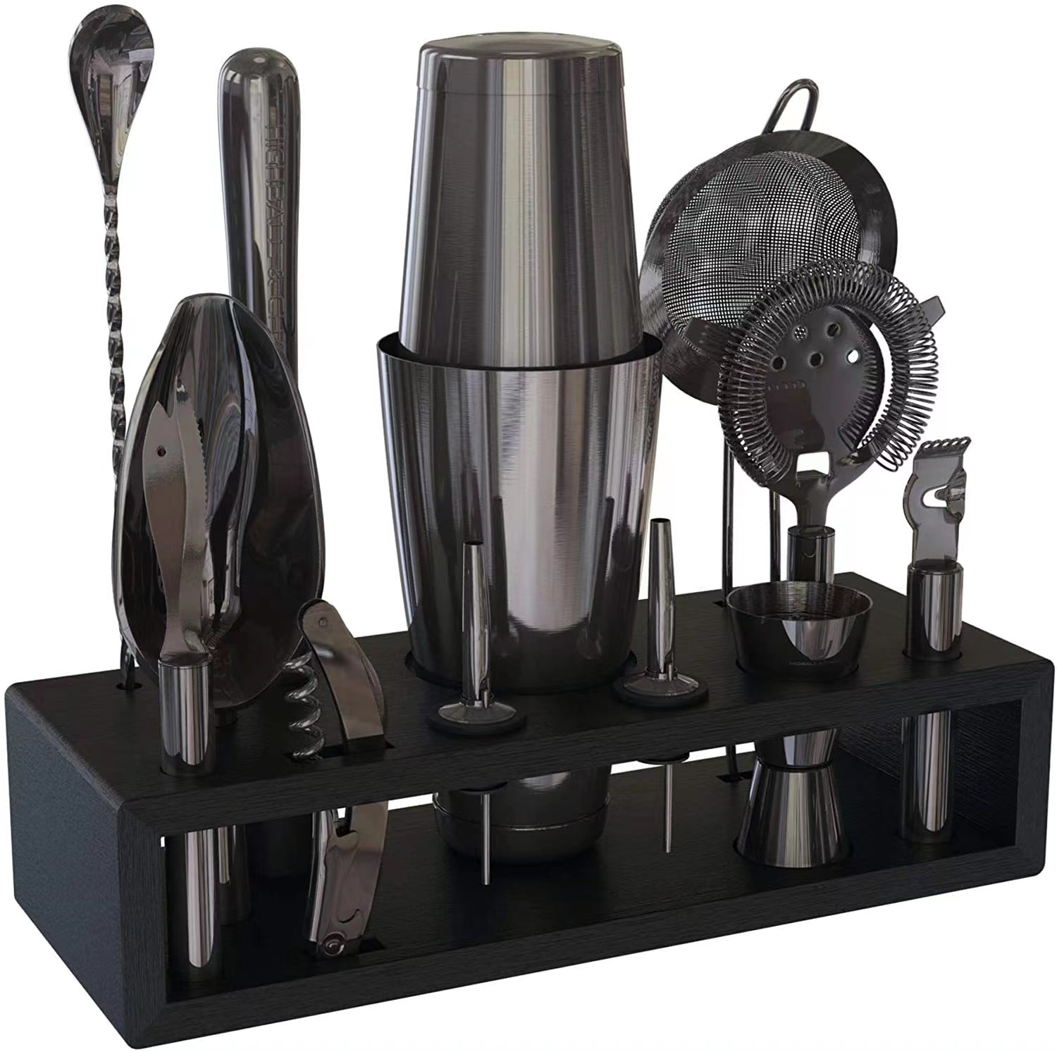 Factory Direct Wholesale black silver color 201/304 stainless steel wine bartending set with holder home wine bar set