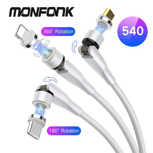 Магнитный зарядный кабель MONFONK с поворотом на 540 градусов, магнитный кабель 3A, кабель для быстрой зарядки и передачи данных для micro iPhone Тип C