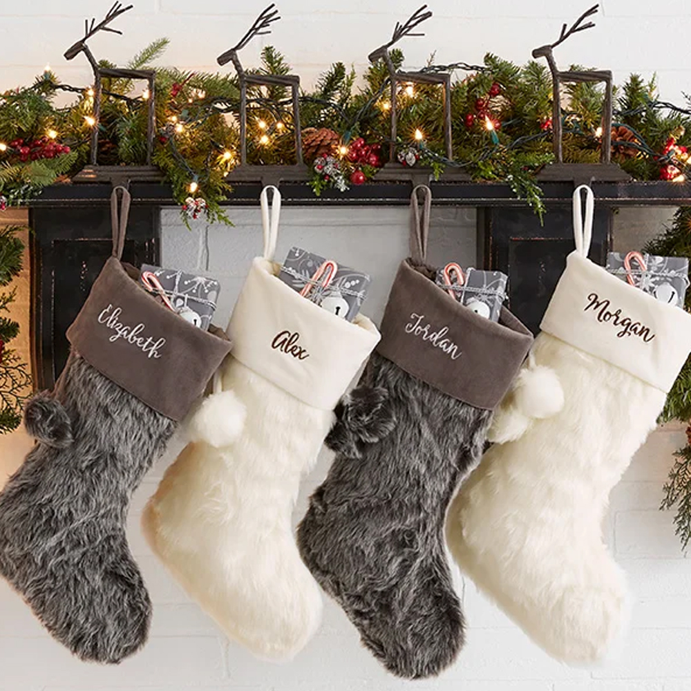 Custom Blank Canvas Santa Sock Lvory Faux Fur Christmas Stockings For Embroidery With Pom Pom