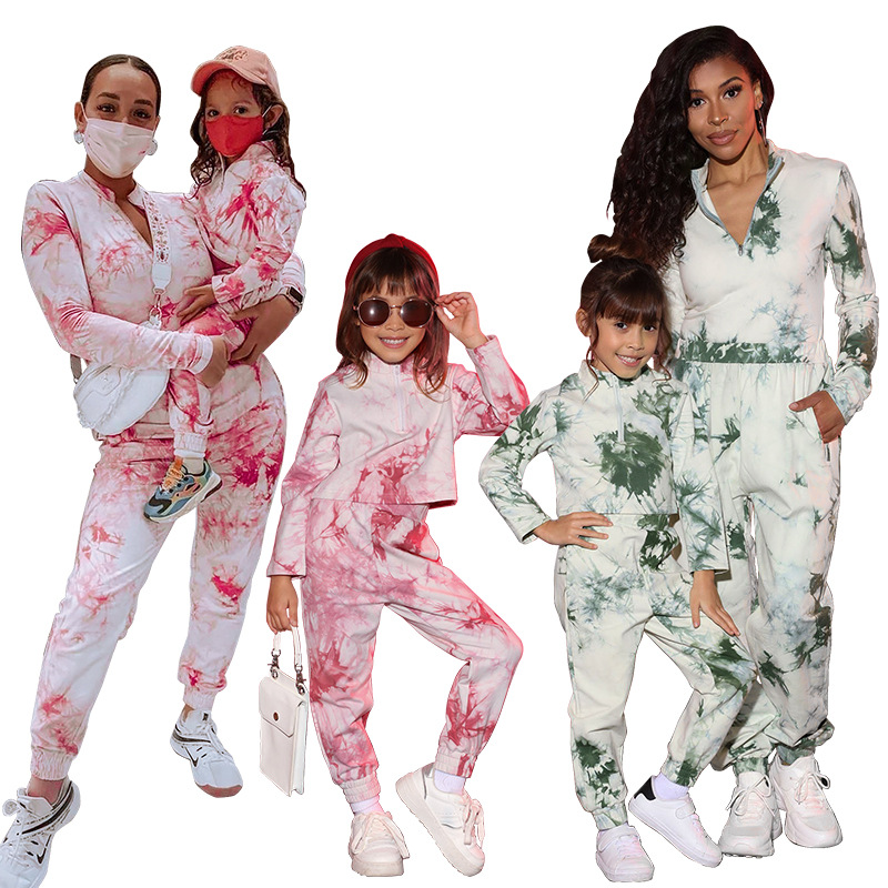 OR-A231 New Arrival Autumn Women Clothing Children Printed Tie-dye Long Sleeve hoodie Mommy and Me Jogger Suit Set