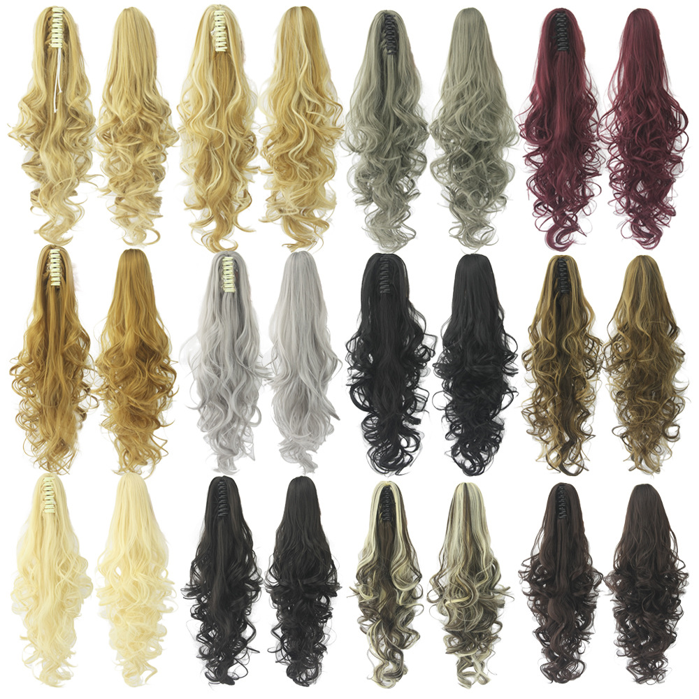 Wavy Clip on Hairpiece Extensions Tail High Temperature Fiber Synthetic Hair Claw tails 24inch Long Gray Blonde 24 Inch