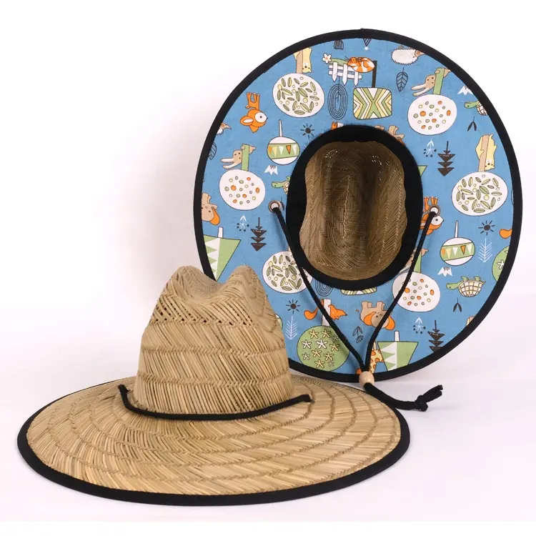 2022Popular Summer Beach Plain Unisex Large Wide Brim Lifeguard Baby Straw Fishing Hat for Children