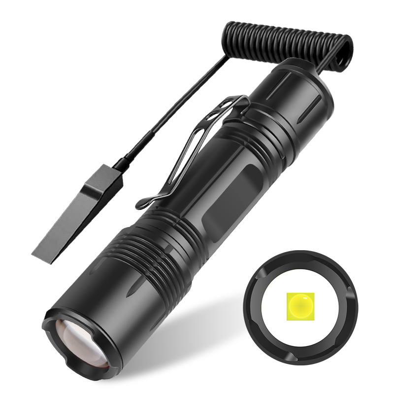 XHP50 Zoomable 1200 Lumens Waterproof with Mount Rechargeable Rat Tail Pressure Switch Camping Tactical Flashlight