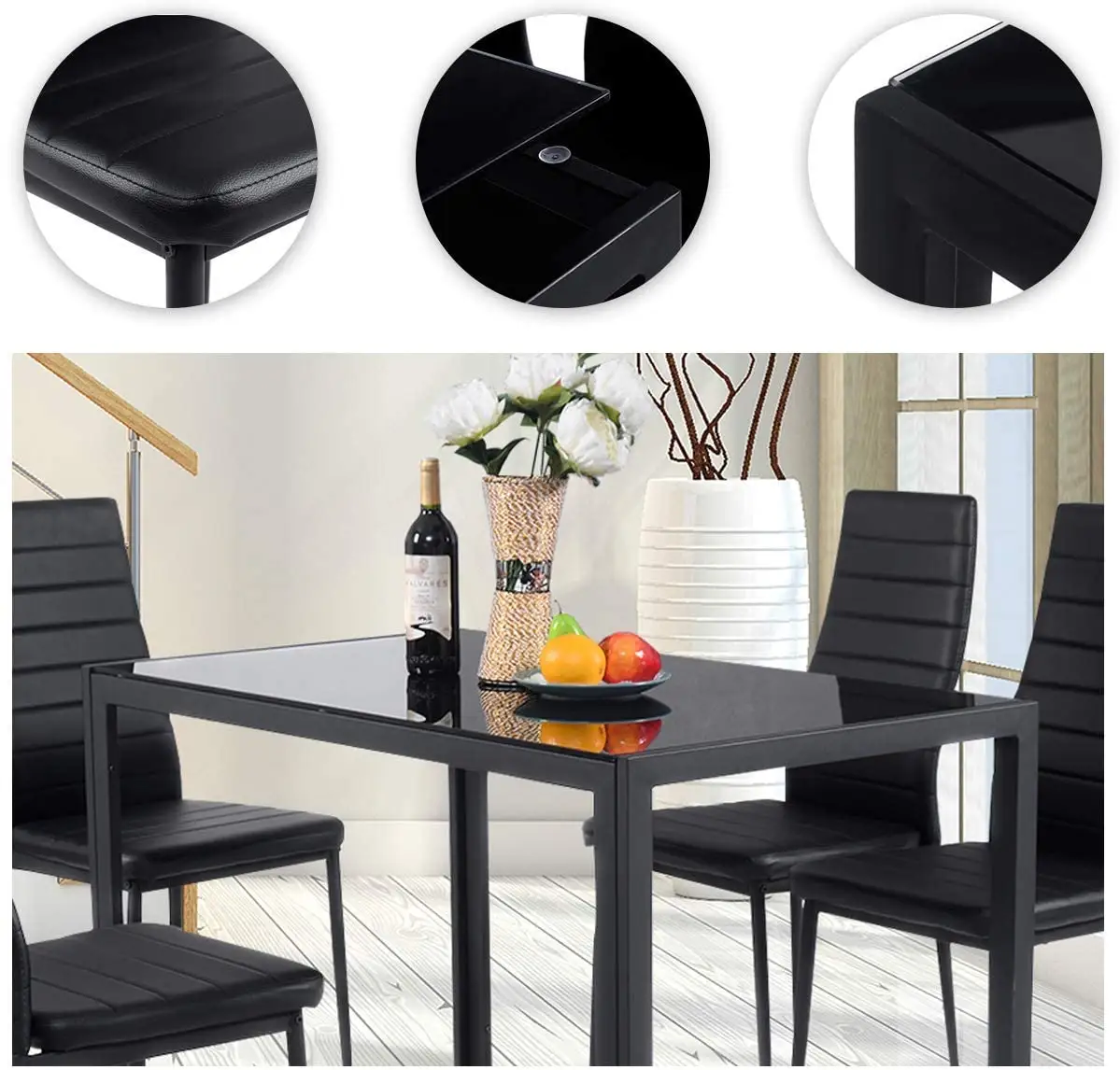 Simple And Useful Modern Style Tempered Glass Top With Metal Leg Dining Table With 4 Chairs Dining Table Set