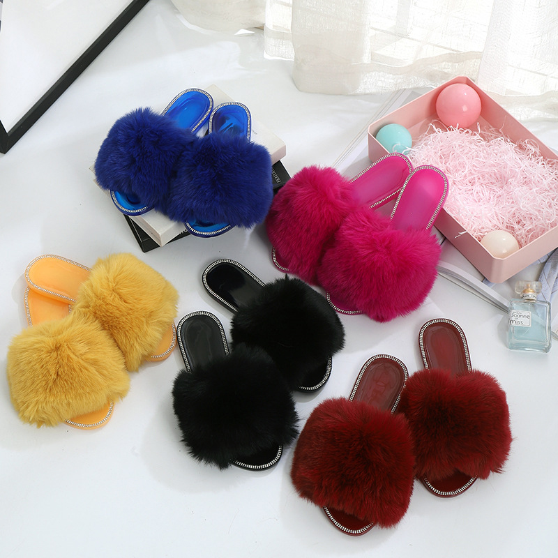 JDS04 New Fashion Faux Fur Jelly Slippers Solid Rhinestone Flat Sandals 2021