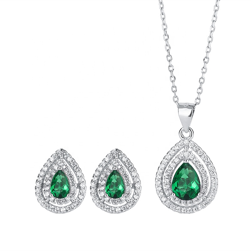Custom 925 Sterling Silver Set pear Emerald Pendant Earrings Jewelry Set Wedding and wedding supplies set