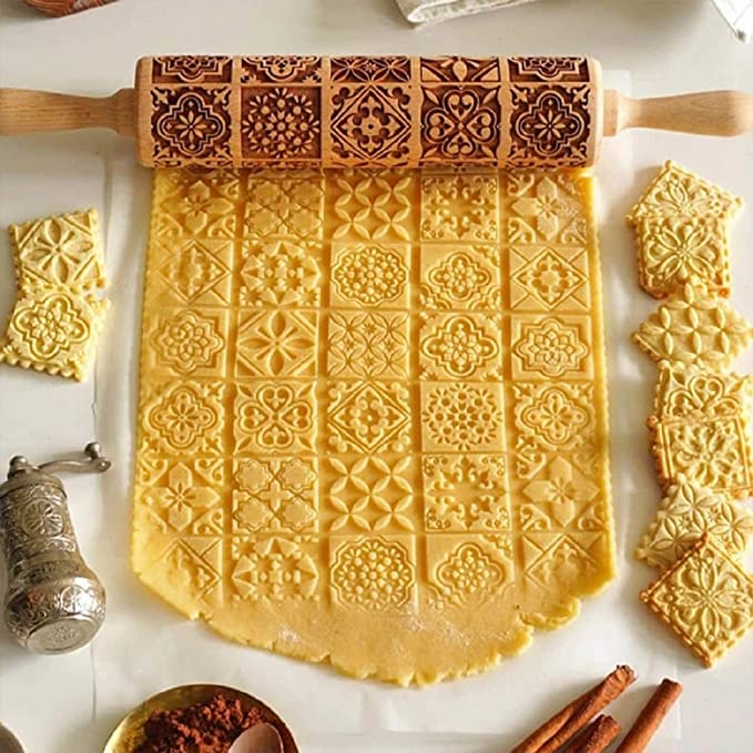 Diy Manual Christmas Elk Snowflake Pattern Baking Tool Engraved Embossed Wood Rolling Pin For Kitchen And Home