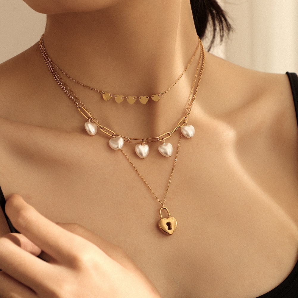 Stainless Steel Three Layered Pearl Heart Lock Pendant Necklace Love Heart necklace Chunky Necklaces Women Jewelry