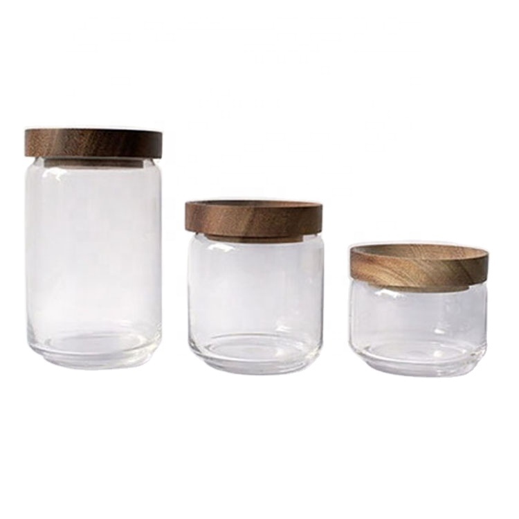 3Piece Natural Acacia Wood Lids Air Tight Kitchen Glass Canister Jar Set for Candy