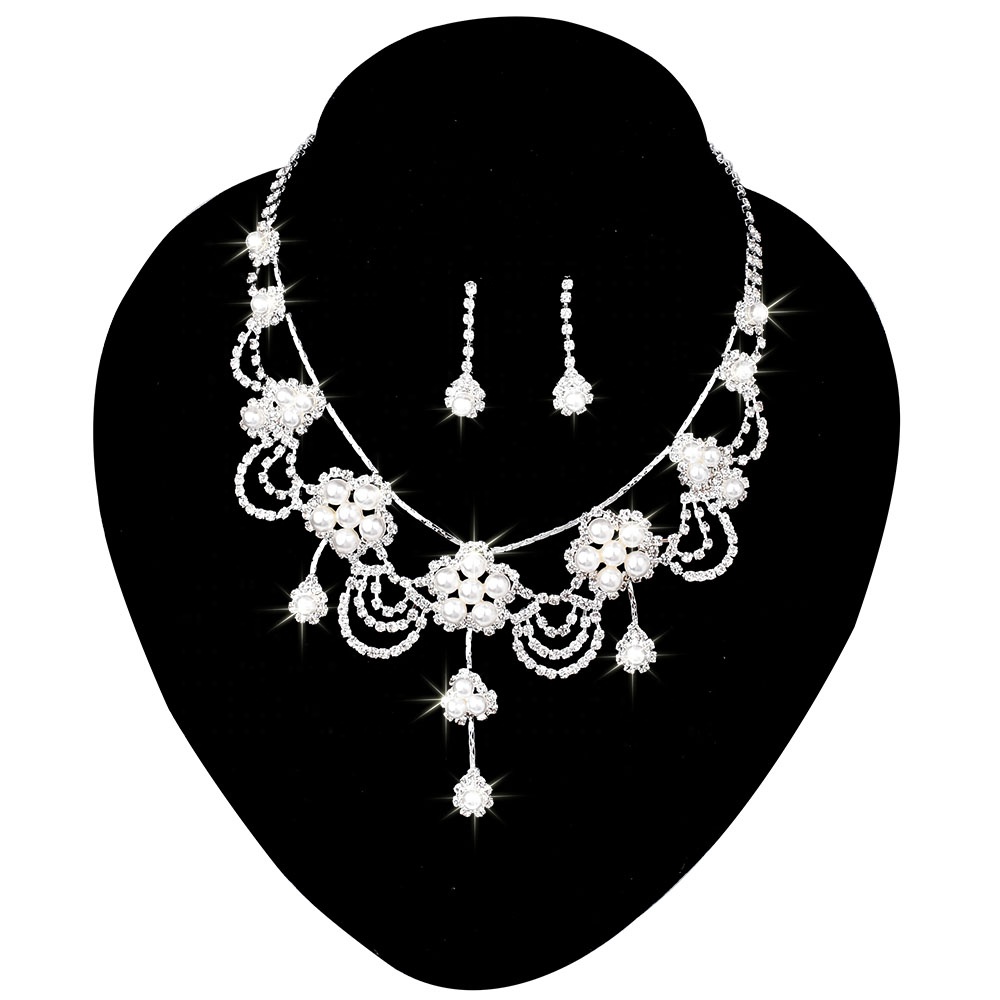 Dubai Bridal Wedding Crystal Rhinestone Pearl Necklace Earring Jewelry Set Women
