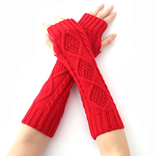 Stretchy Rhombus Pattern Long Arm Sleeve Fingerless Gloves for Women Knitted Winter Glove Mittens