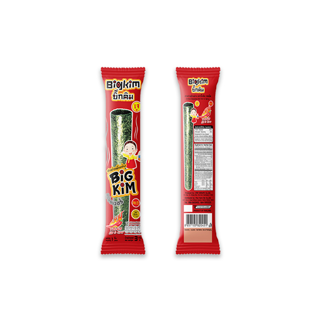 Водоросли Bigkim в рулоне, горячий и пряный вкус, 3 г. Здоровые закуски, тайские продукты оптом из Таиланда