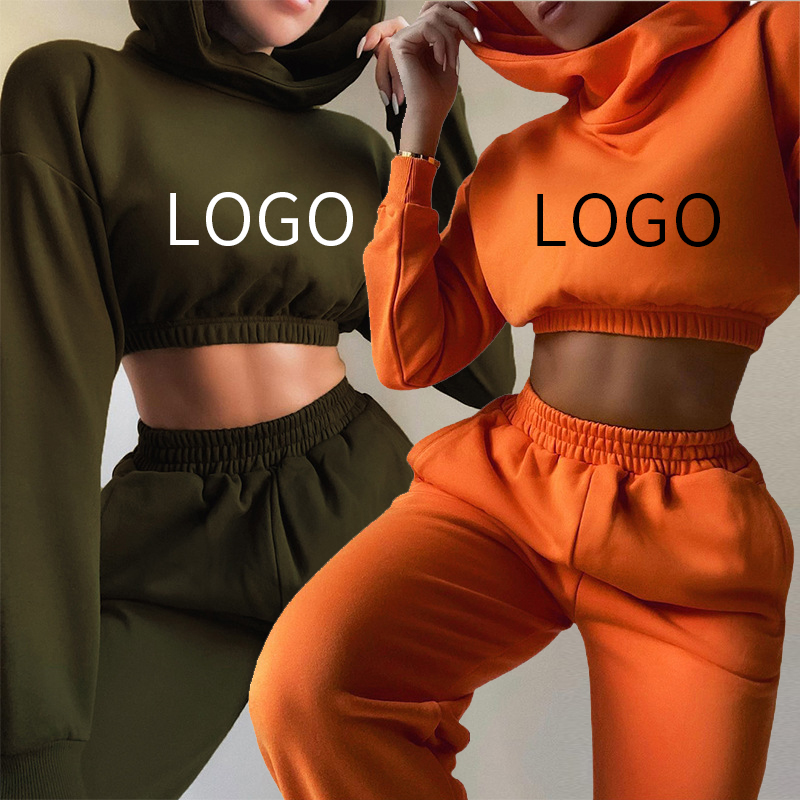 2021 Fall Winter Sweatpants And Hoodie Set Crop Hoodies With Jogger Sets Wholesale Women Hoodies 2 Piece Set
