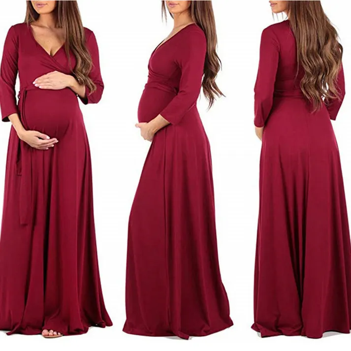 Модная Европейская и американская одежда для беременных повседневное хлопковое длинное платье с V-образным вырезом для беременных