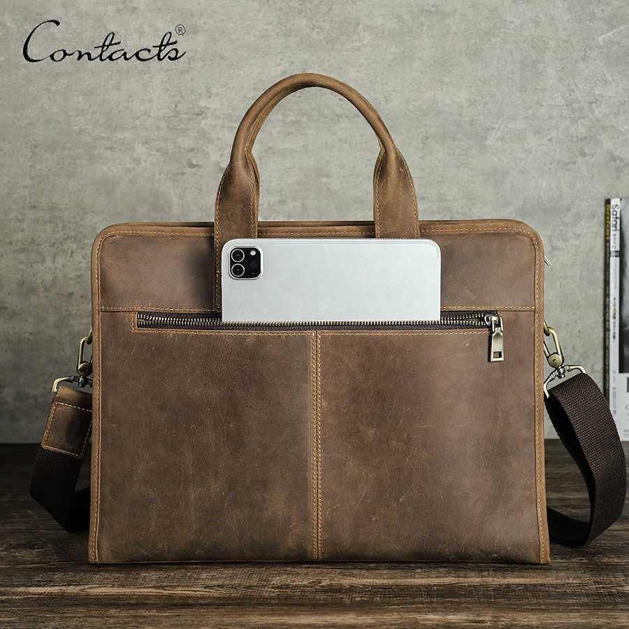 Men Office Business Bag Crazy Horse Leather Executive Briefcase Luxury Leather 14 inch Laptop Bag