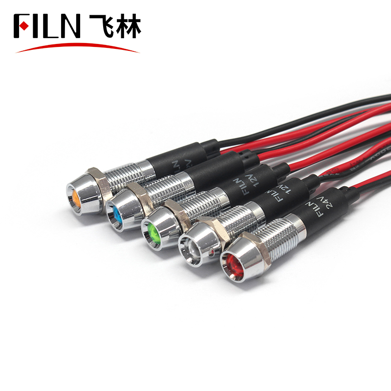 FILN 8mm convex head waterproof mini led lights AC/DC 24V 110V 220V signal lamp with wire leading chrome copper