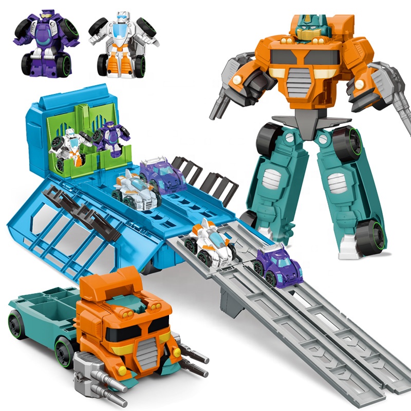 2021 New tow truck toy robot race track trailer with 2 mini deformation robot car toys