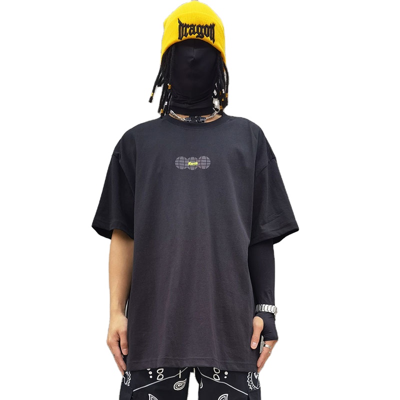 Laser printed short sleeve men's new cotton loose casual T-shirt round neck T-shirt hip hop trend half sleeve