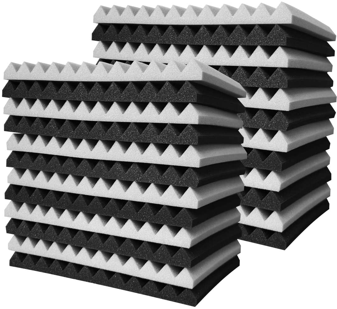 BOSTOP, 24 упаковки, 1 дюйм x 12 дюймов x 12 дюймов, черный/серый акустический клин, студийные поролоновые звукопоглощающие настенные панели, пенопластовые плитки для студии